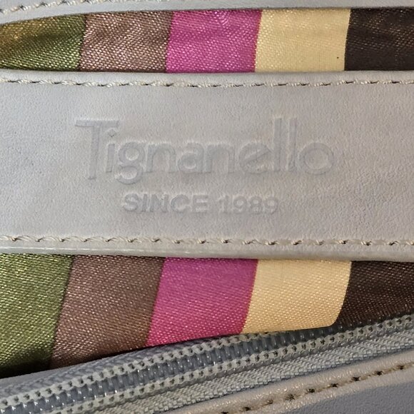 Tignanello Gray Leather Tote Bucket Bag With Striped Interior Double Handles - Picture 5 of 13